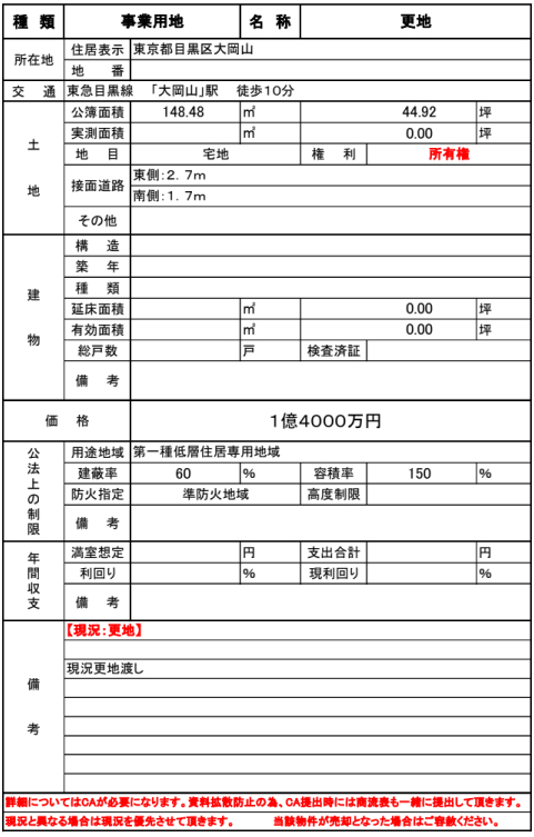 【事業用地＊44.9坪】目黒区 東急目黒線 「大岡山」駅 徒歩10分